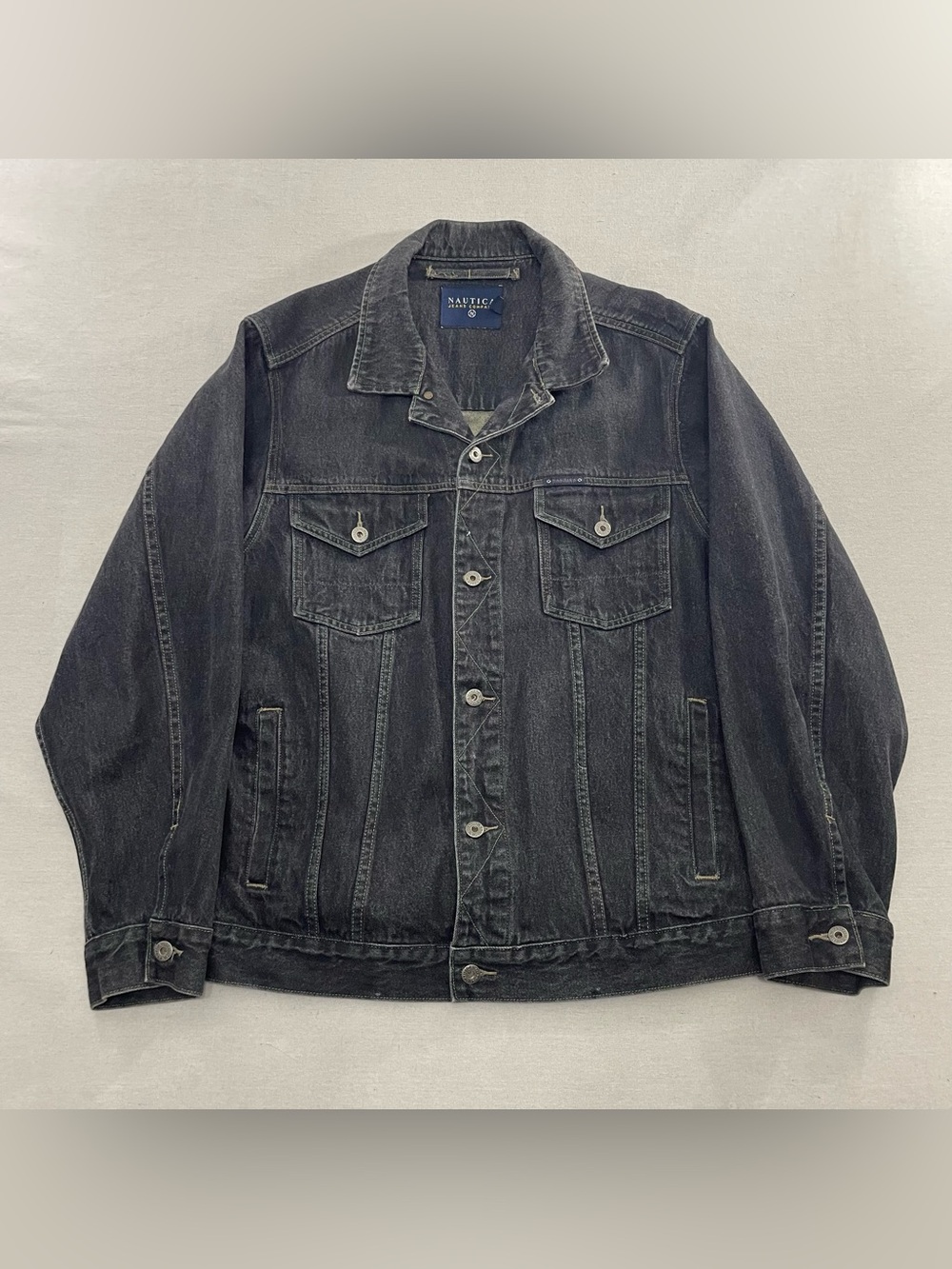 Nautica Jeans Denim Trucker Jacket Men Large Gray Dark Wash Button Front Pockets
